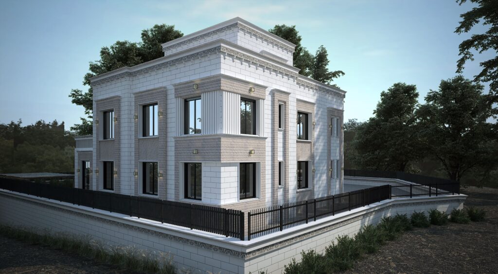 A luxurious modern mansion featuring elegant architecture set amidst lush greenery.